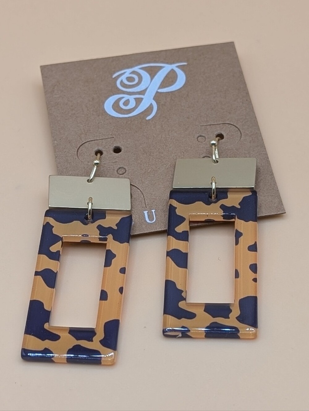 Plunder Rectangular Navy Blue & Camel Drop Earrings New In Packaging
